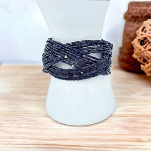 Braided Wrap Bracelet Cuff Seed Beed Deep Garnet Toned Chunky Jewelry